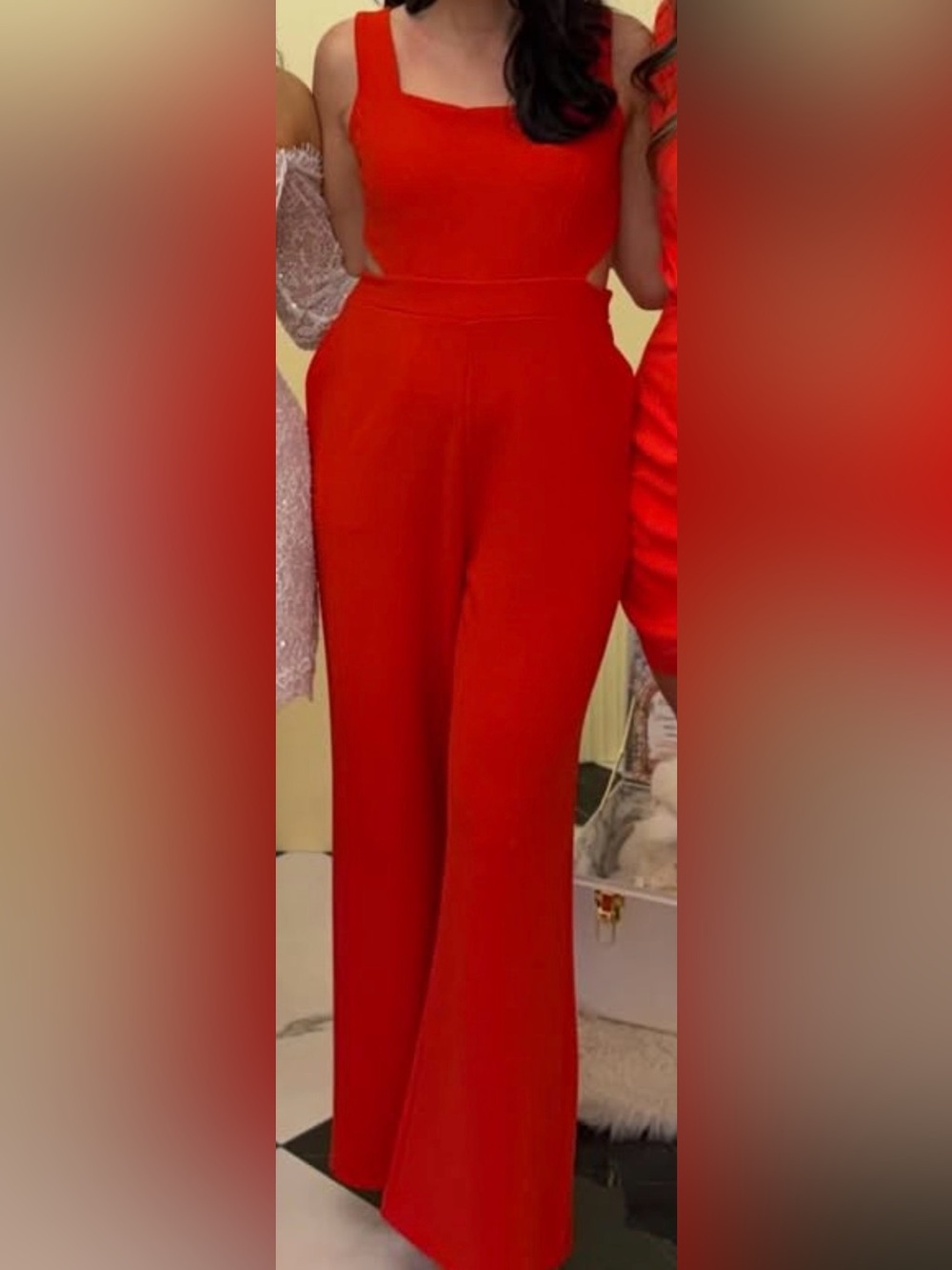 Express Red Wide-Leg Jumpsuit with Square Neck - Picture 2 of 2